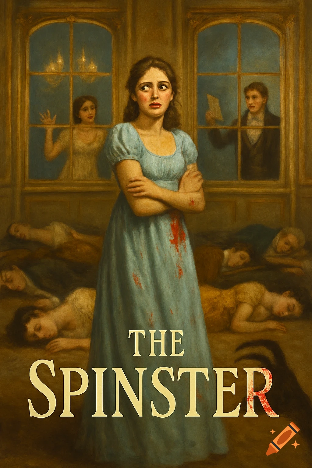 Regency painting of a woman with blood on her dress standing over bodies, with figures in windows. Text: THE SPINSTER.