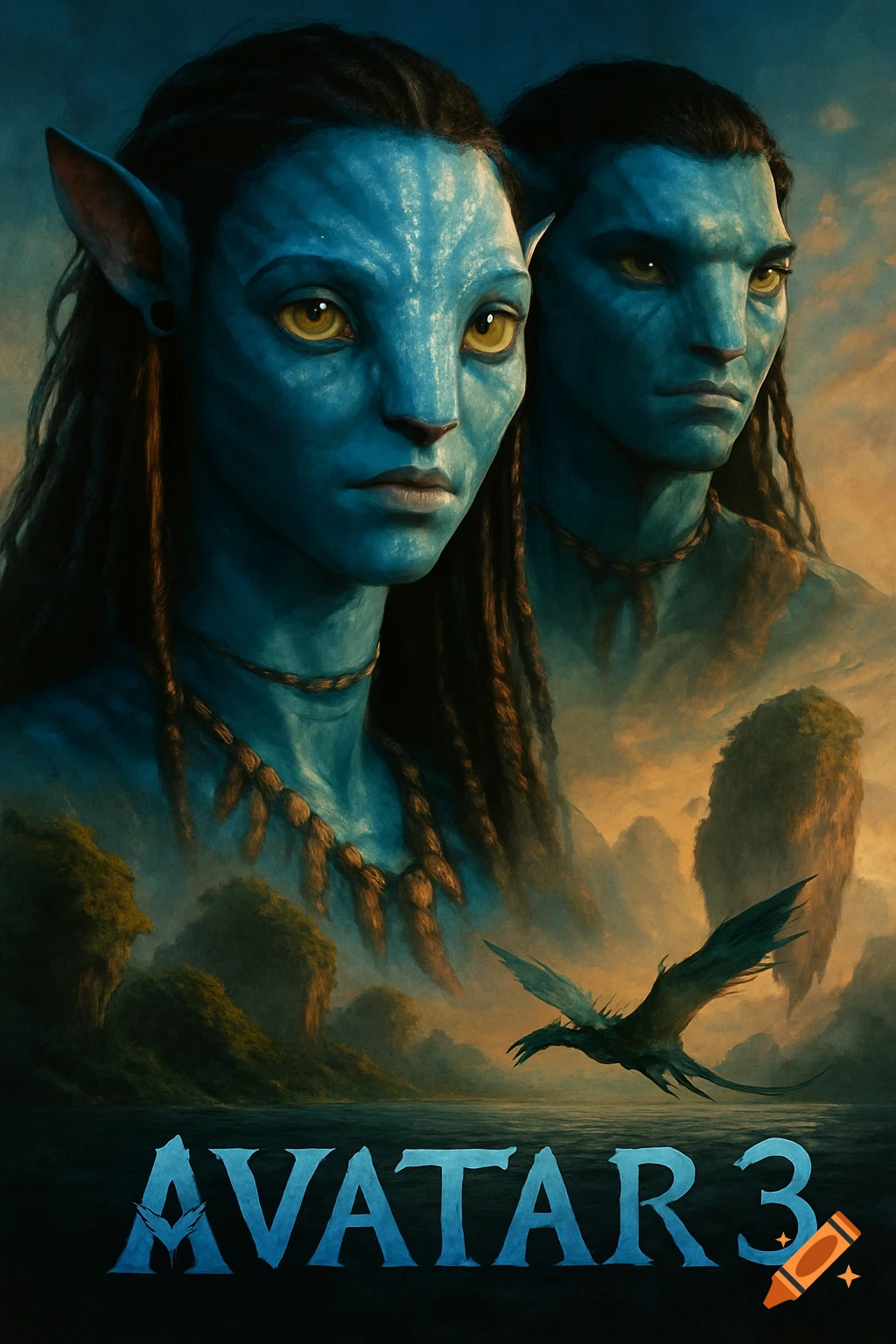 Movie poster for Avatar 3 featuring Na'vi characters, floating islands, and a creature.