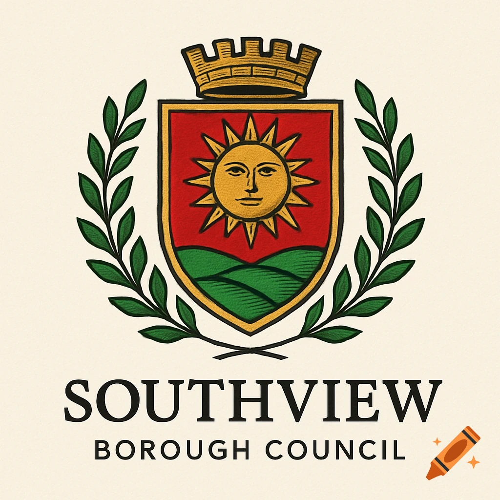 A coat of arms logo with a shield featuring a sun face and green hills, topped with a crown and flanked by green leaves, with text below reading "SOUTHVIEW BOROUGH COUNCIL".