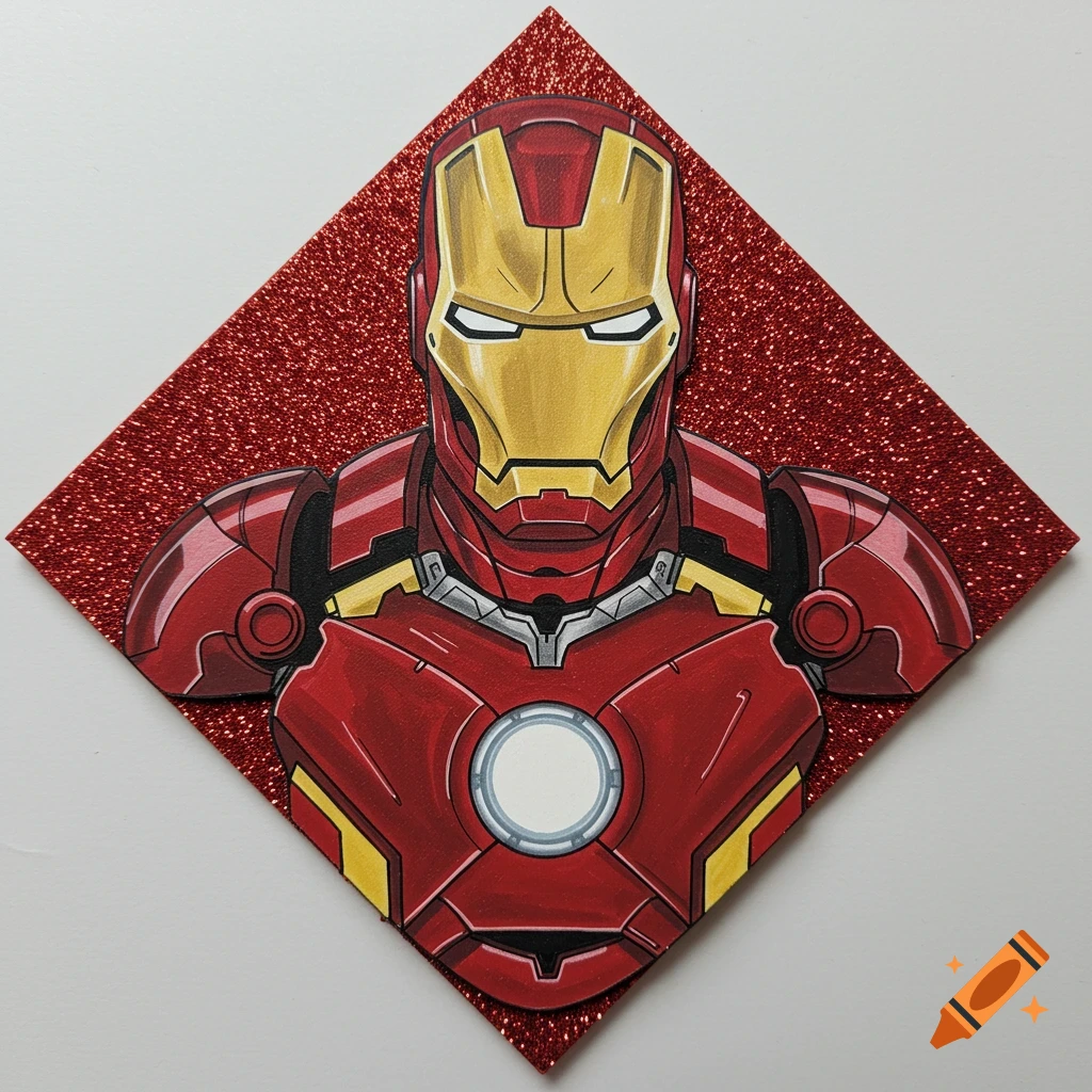 Illustration of Iron Man's bust on a sparkly red graduation cap decoration.