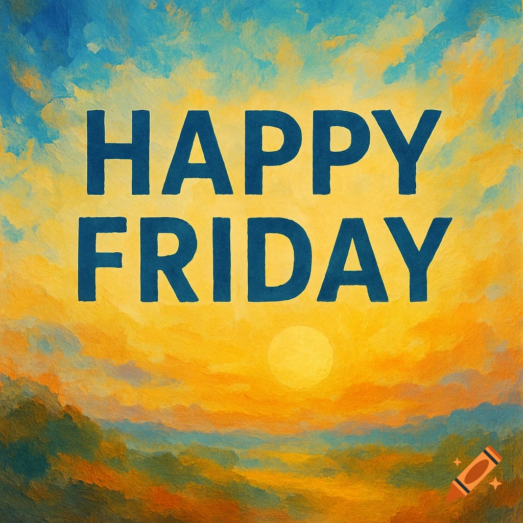 Large blue text "HAPPY FRIDAY" over a painterly sunset landscape with a bright sun low on the horizon.