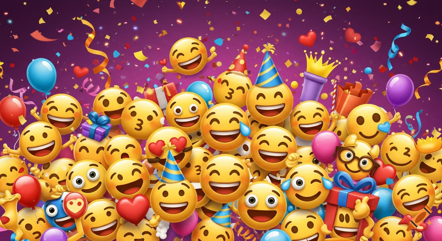 Many happy emojis celebrating with confetti, balloons, and gifts against a purple background.