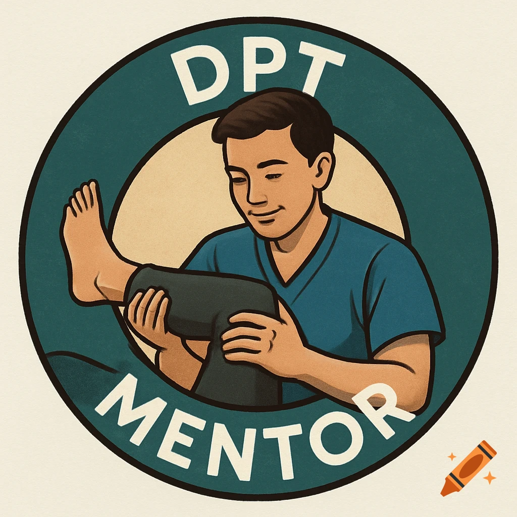 Illustration of a physical therapist manipulating a patient's leg inside a circular logo with the text 'DPT MENTOR'.