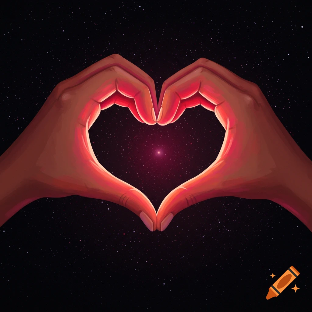 Two hands forming a heart shape in space with stars and a glowing light.