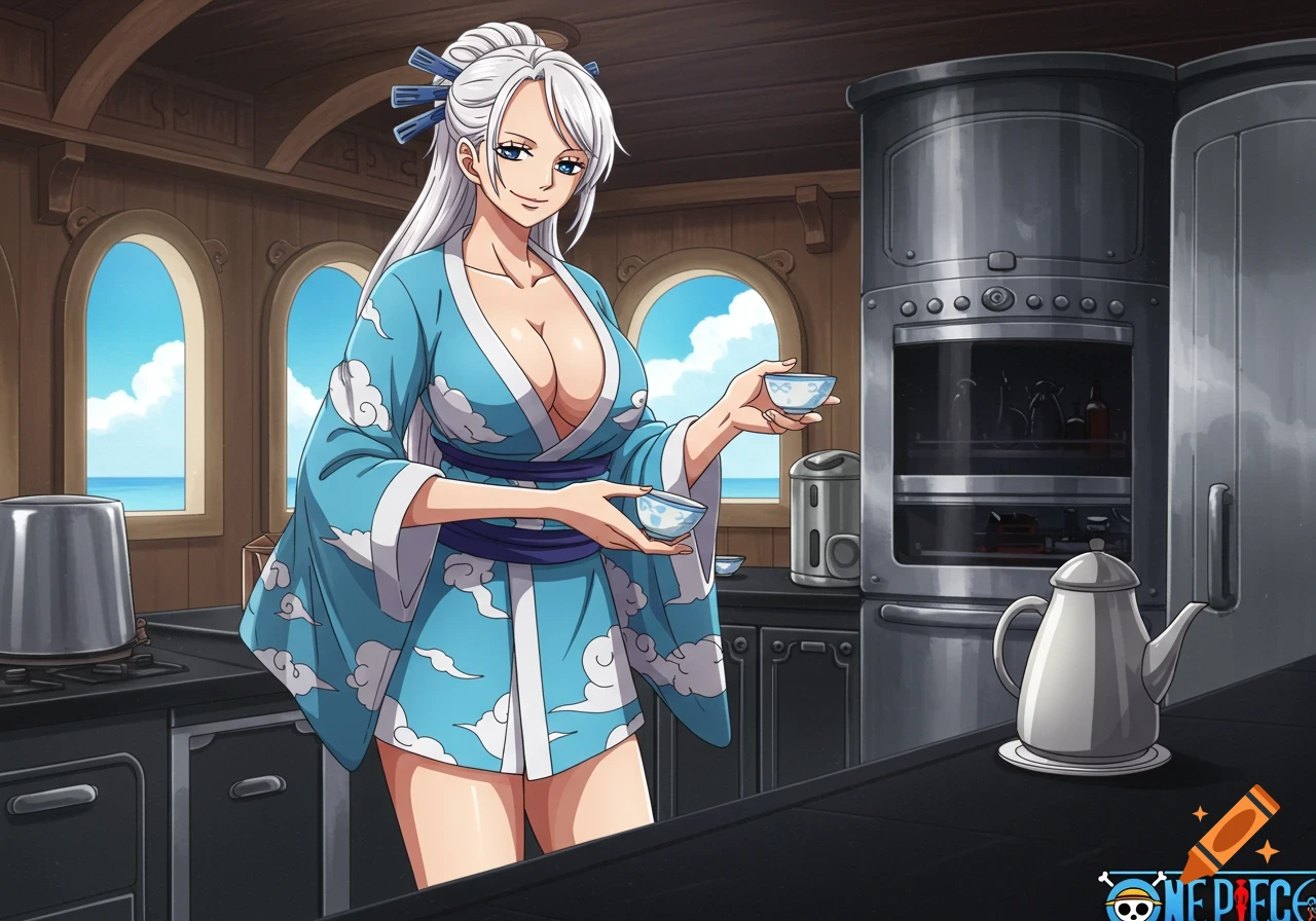 Anime woman in blue cloud kimono holds tea bowls in ship kitchen.