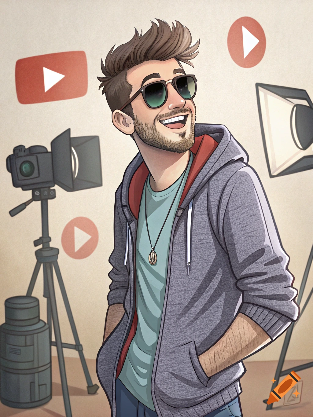 Cartoon portrait of a smiling man in sunglasses and a hoodie, with camera equipment and YouTube play buttons in the background.