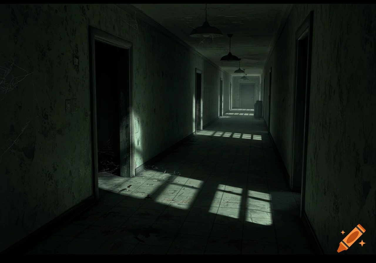 Dark, creepy hallway with sunlight casting shadows through windows