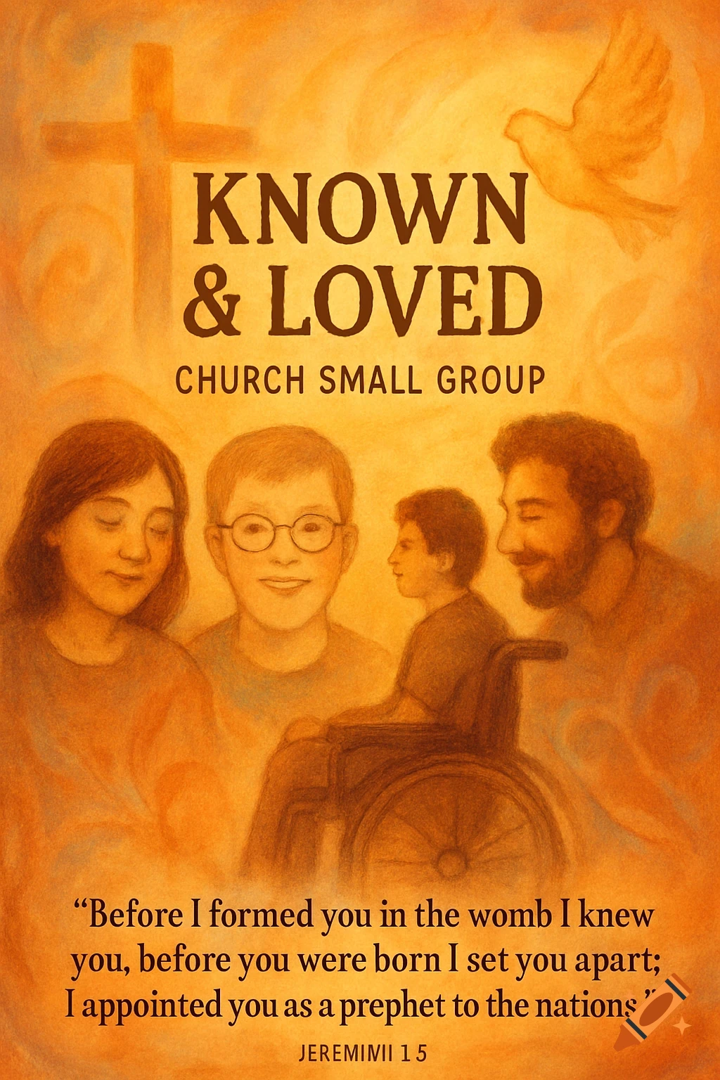 Illustration of a diverse group of people including someone in a wheelchair under text 'Known & Loved' with a cross and dove, in warm tones.