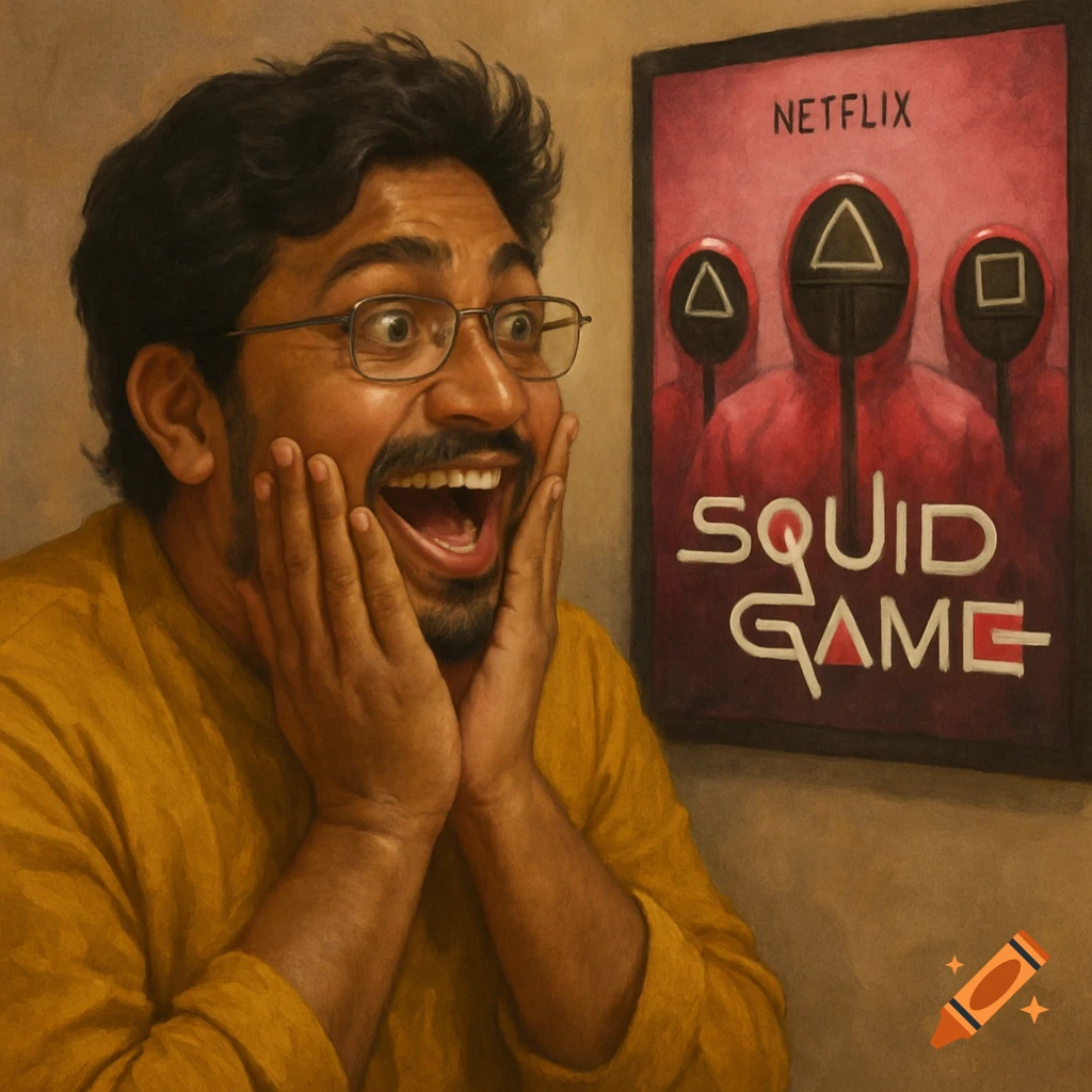 Painted portrait of a man reacting with surprise to a Squid Game poster