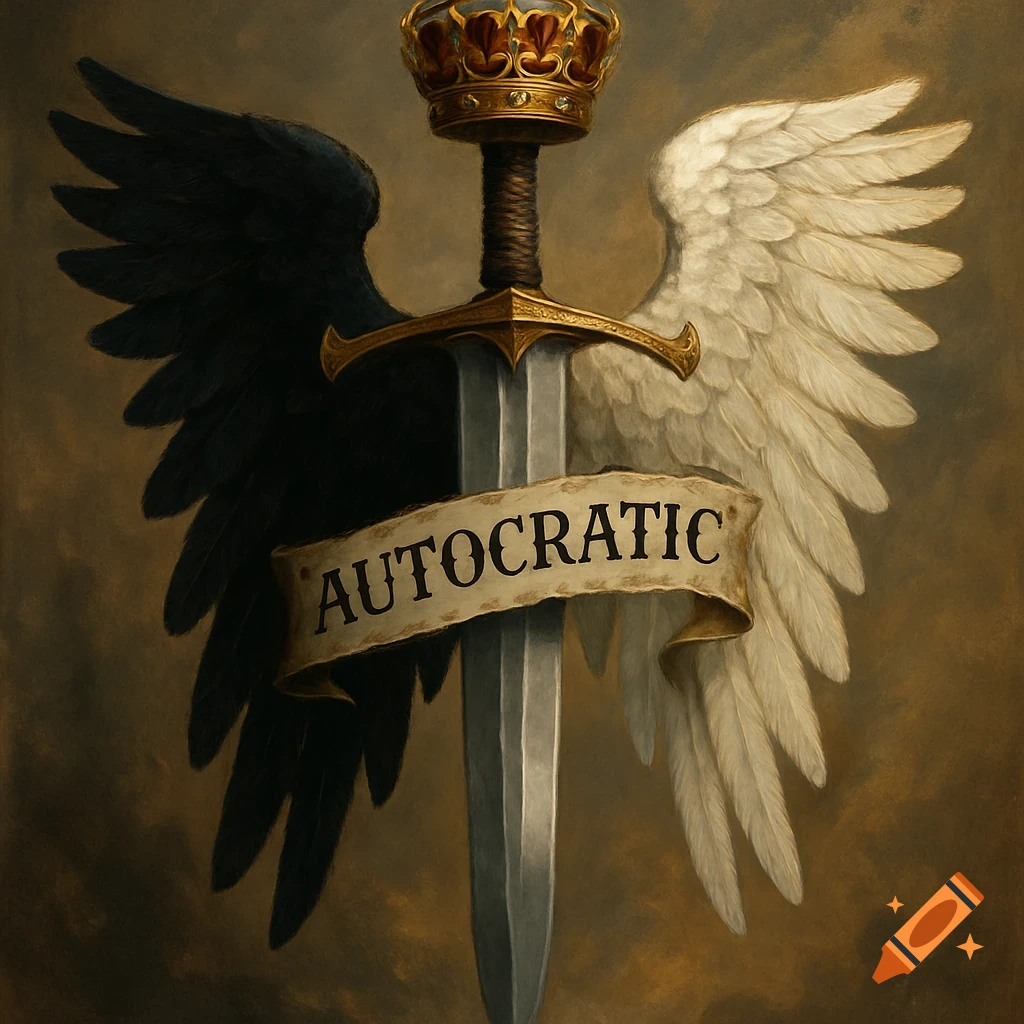 Painting of a sword with a crown, black and white wings, and a banner saying AUTOCRATIC.