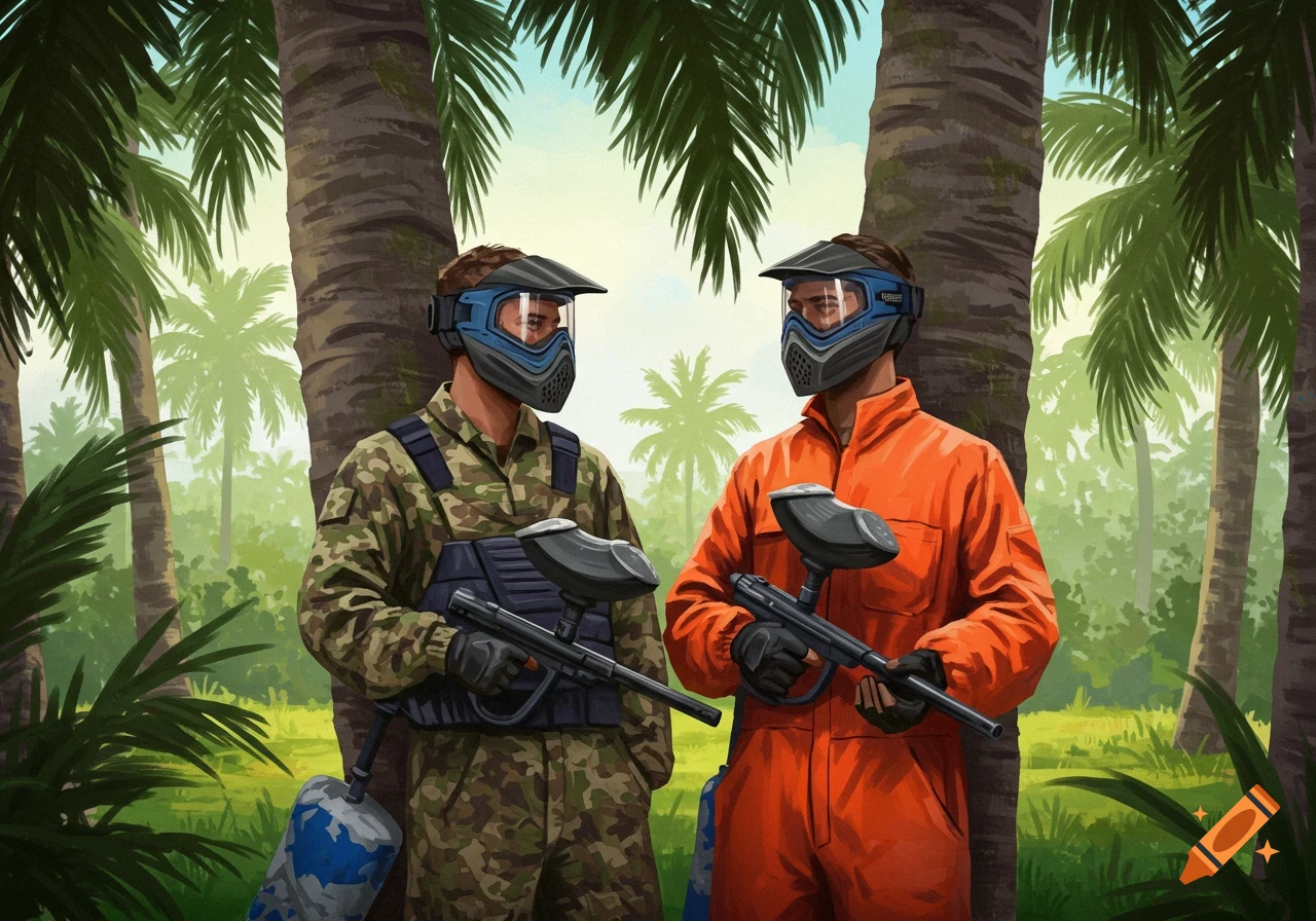 Two paintball players in camouflage and orange jumpsuits in a tropical forest.