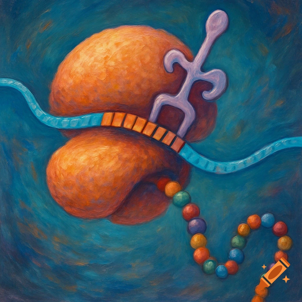 Stylized illustration of a ribosome translating mRNA into a polypeptide chain.