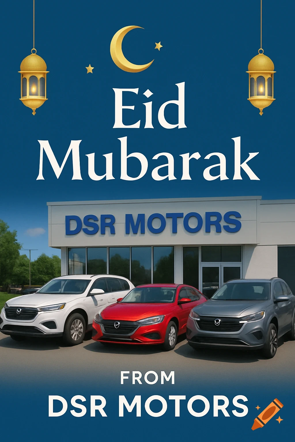 Eid Mubarak greeting card with three cars in front of a dealership building.
