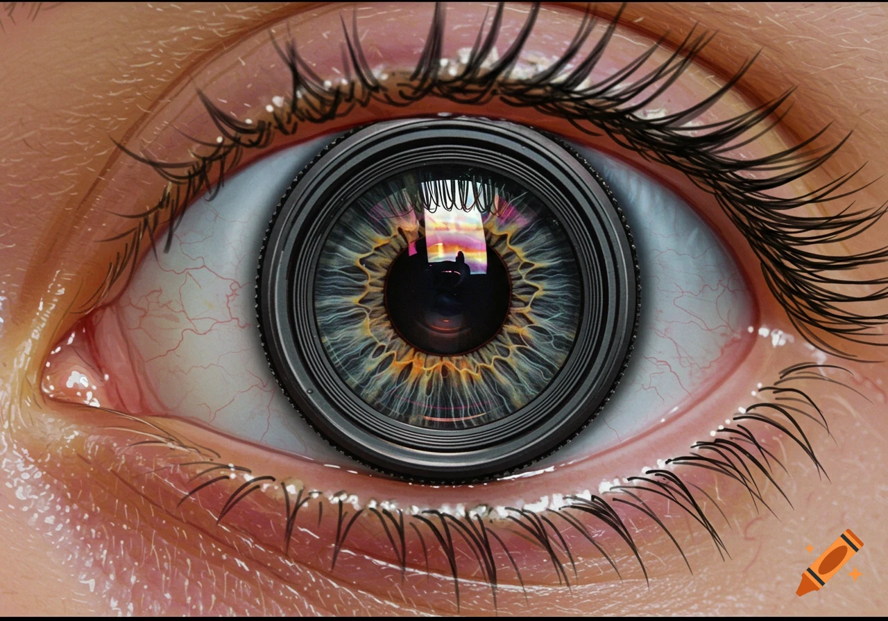 Close-up of an eye with a camera lens as the iris, reflecting a sunset scene.