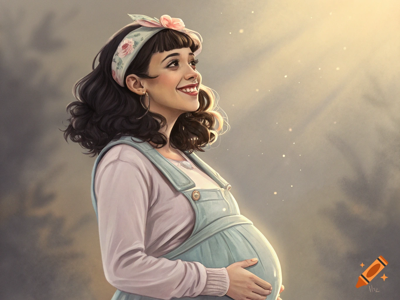 Illustration of a smiling pregnant woman looking up, wearing a headband and overalls, holding her belly.