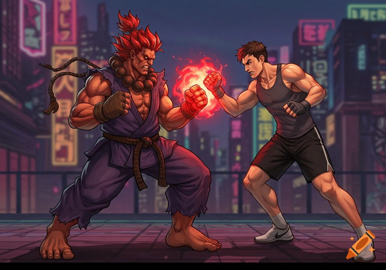 Illustrated depiction of two fighters, one like Akuma, facing off with energy in a city.