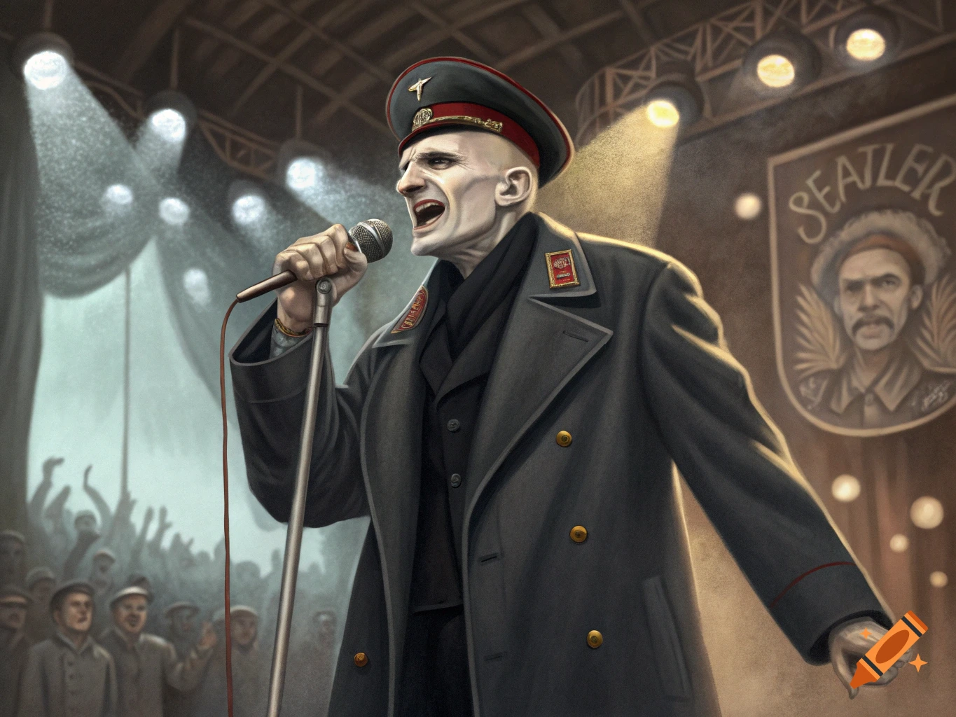 A figure resembling Voldemort, wearing a uniform coat and hat, sings into a microphone on a stage. A banner with a portrait and text 'SEATLER' is behind him.