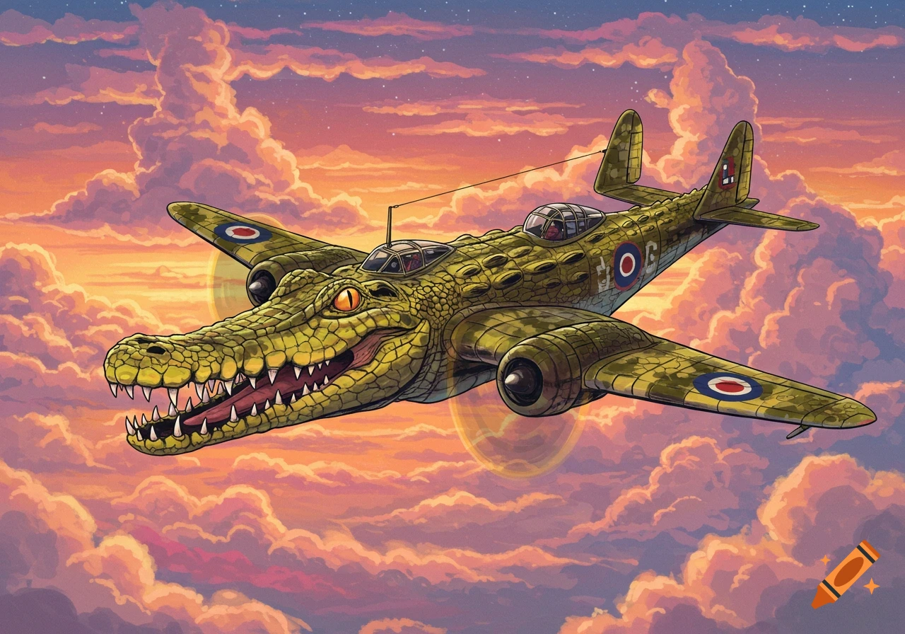 A cartoonish crocodile-headed airplane flies through a cloudy sunset sky.