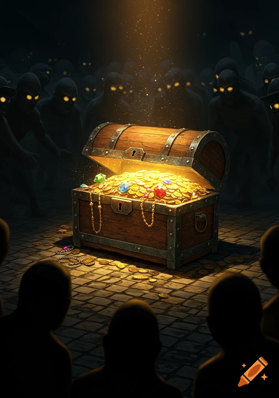 A treasure chest overflowing with gold is surrounded by shadowy figures with glowing eyes in a dark setting.