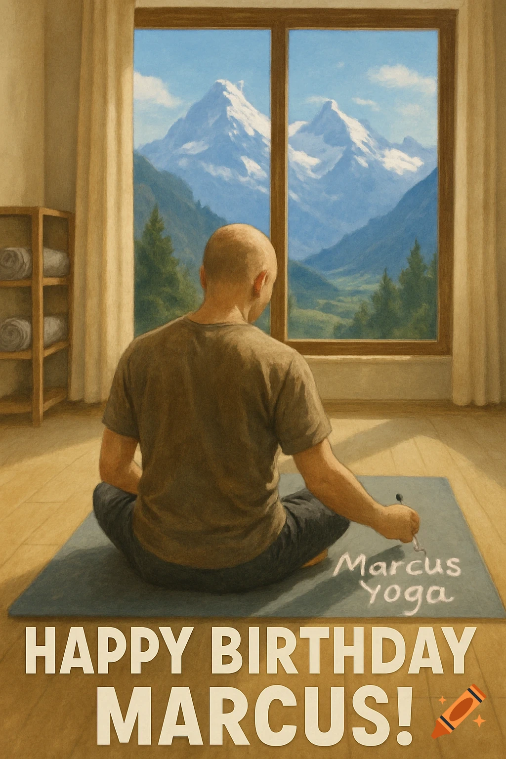 A man sits on a yoga mat writing, in a room with a mountain view. Text reads "HAPPY BIRTHDAY MARCUS!". Painted style.