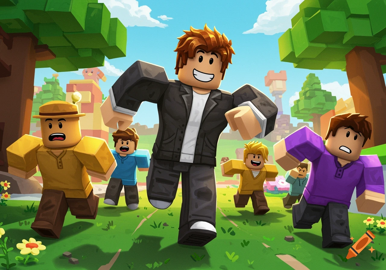 Cartoon illustration of blocky Roblox characters running and chasing in a sunny outdoor world.