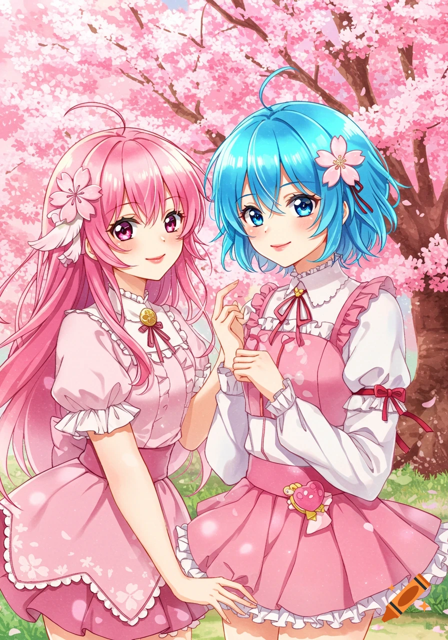 Two anime girls in pink dresses standing under cherry blossom trees.