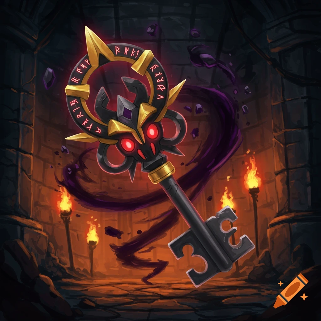 A dark fantasy key with red eyes and runes floats in a fiery dungeon.
