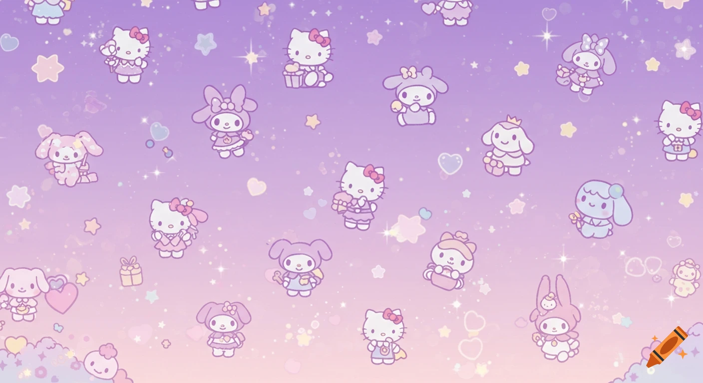 Pastel purple and pink background with a scattered pattern of cute Sanrio characters, stars, and hearts in a kawaii style.