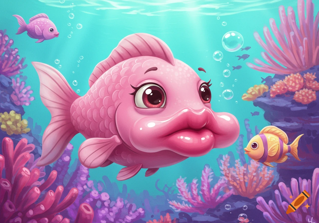 A cartoon illustration of a pink fish with large lips swimming in a coral reef with other fish and bubbles.