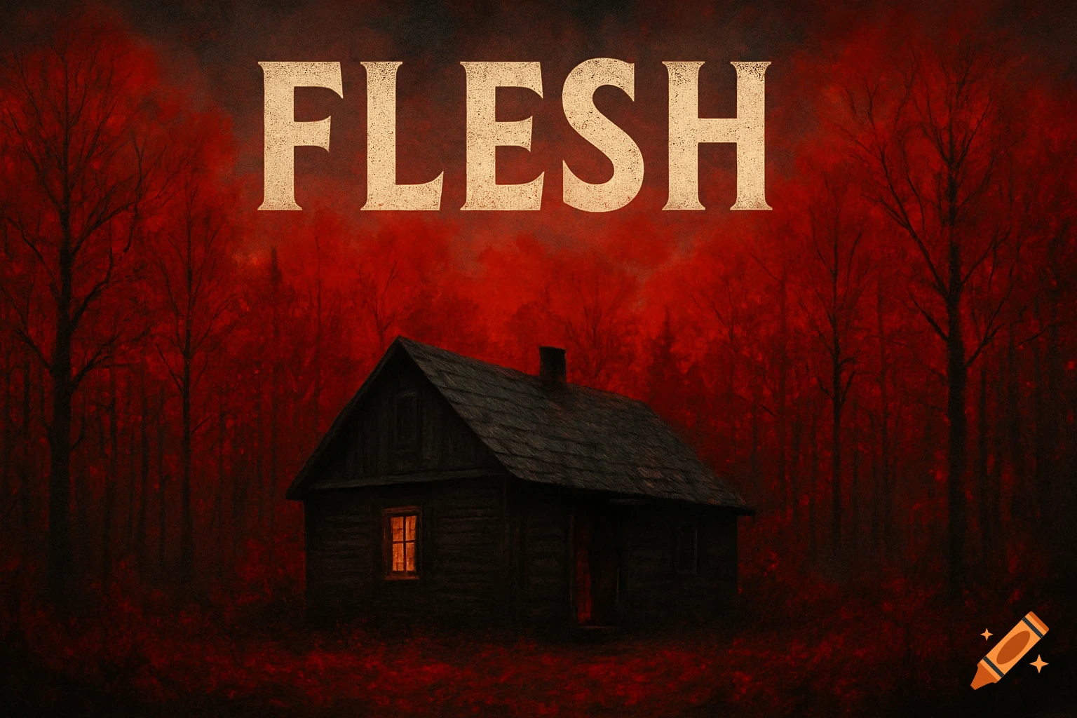 Movie poster for 'Flesh' showing a dark cabin in a red forest.