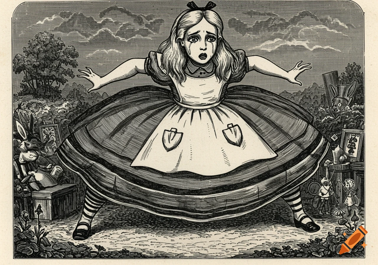 Black and white illustration of a large Alice crying and spreading her arms, surrounded by frightened smaller characters.