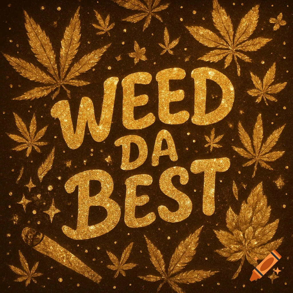 Golden glitter text 'WEED DA BEST' with cannabis leaves and stars