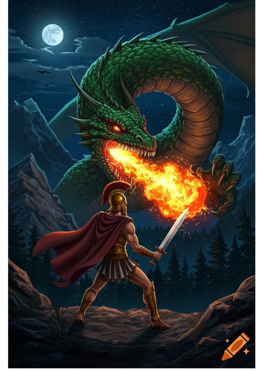 A warrior facing a fire-breathing dragon at night in a mountainous ...