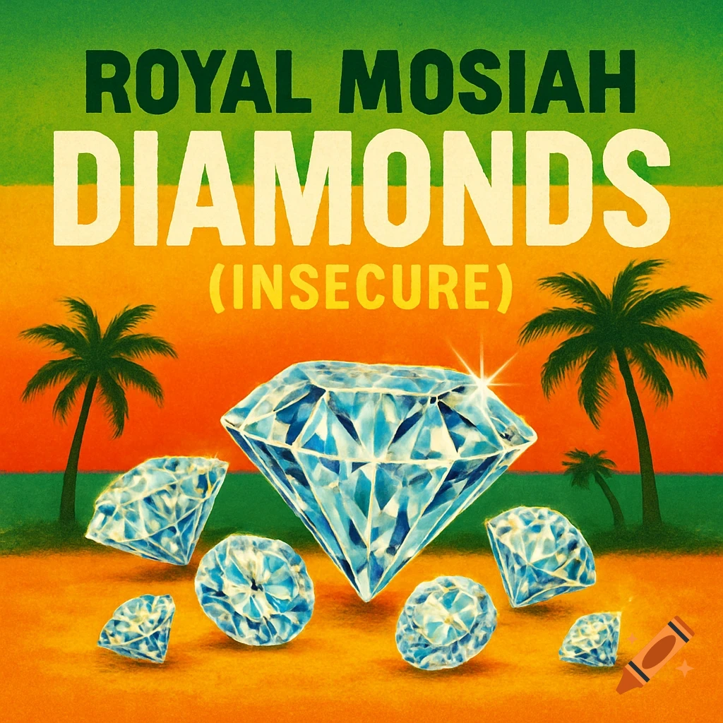 Album cover with 'Royal Mosiah Diamonds (Insecure)' text, sparkling diamonds, and palm trees against a striped green and orange background.