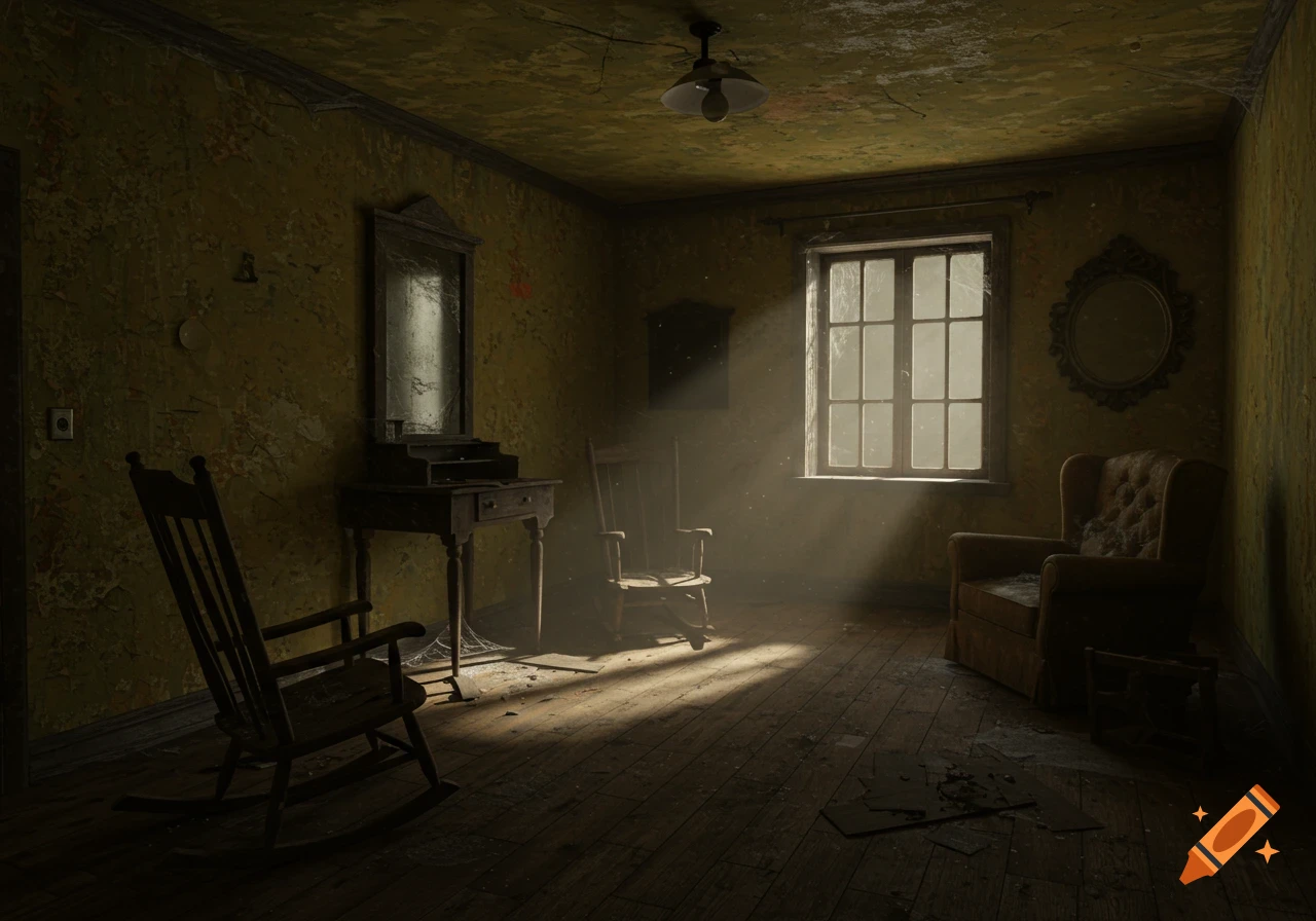 A ray of light shines through a window into a dark, dusty, abandoned room with peeling wallpaper, old furniture, and debris on the floor.