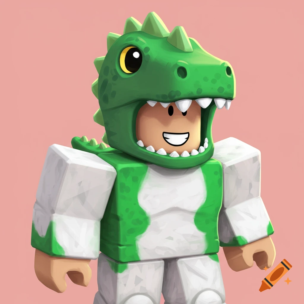 A Roblox character wearing a green dinosaur costume.