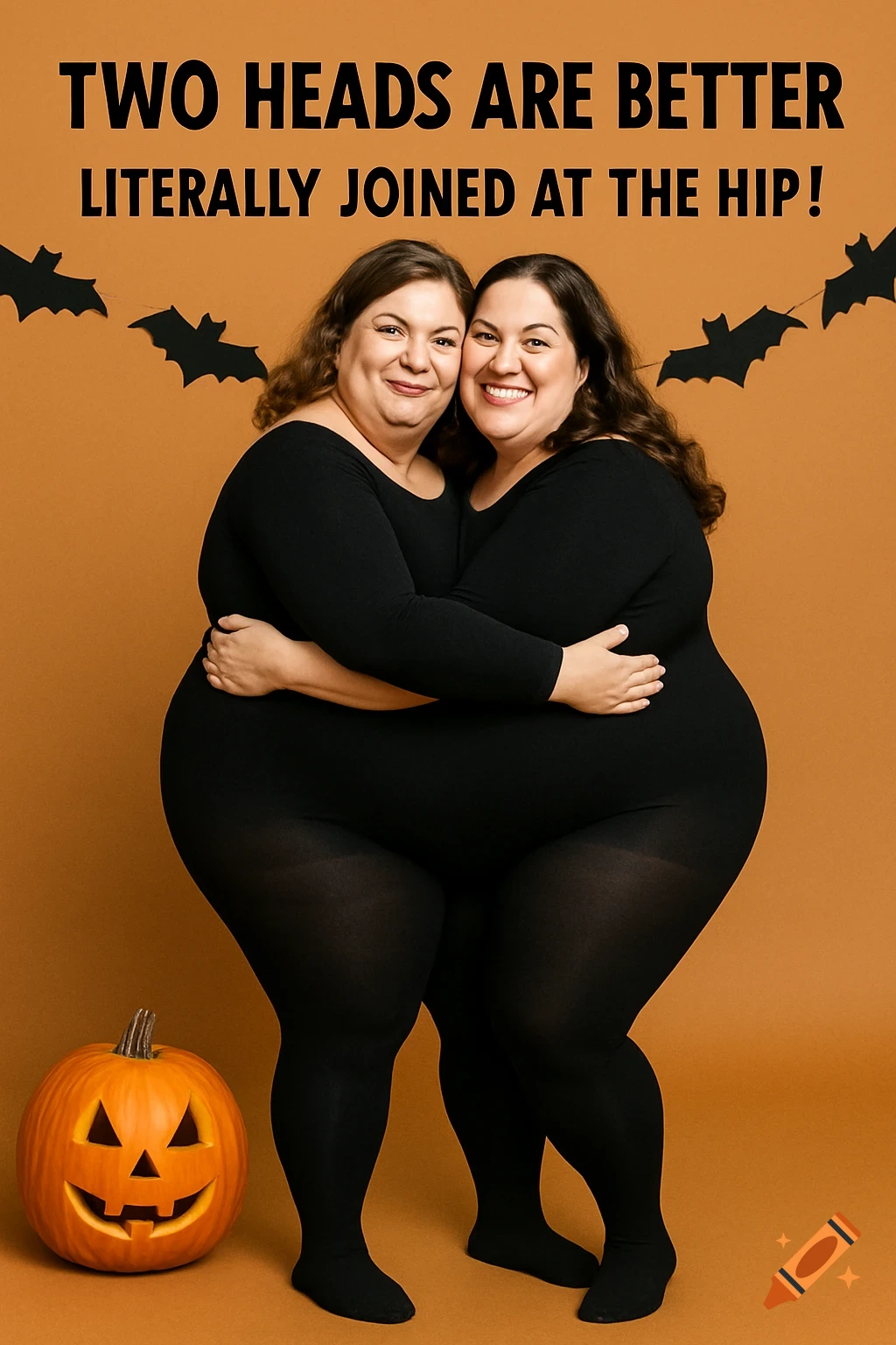 Two women in black hug, creating a two-headed person illusion for Halloween, with a pumpkin and bats.