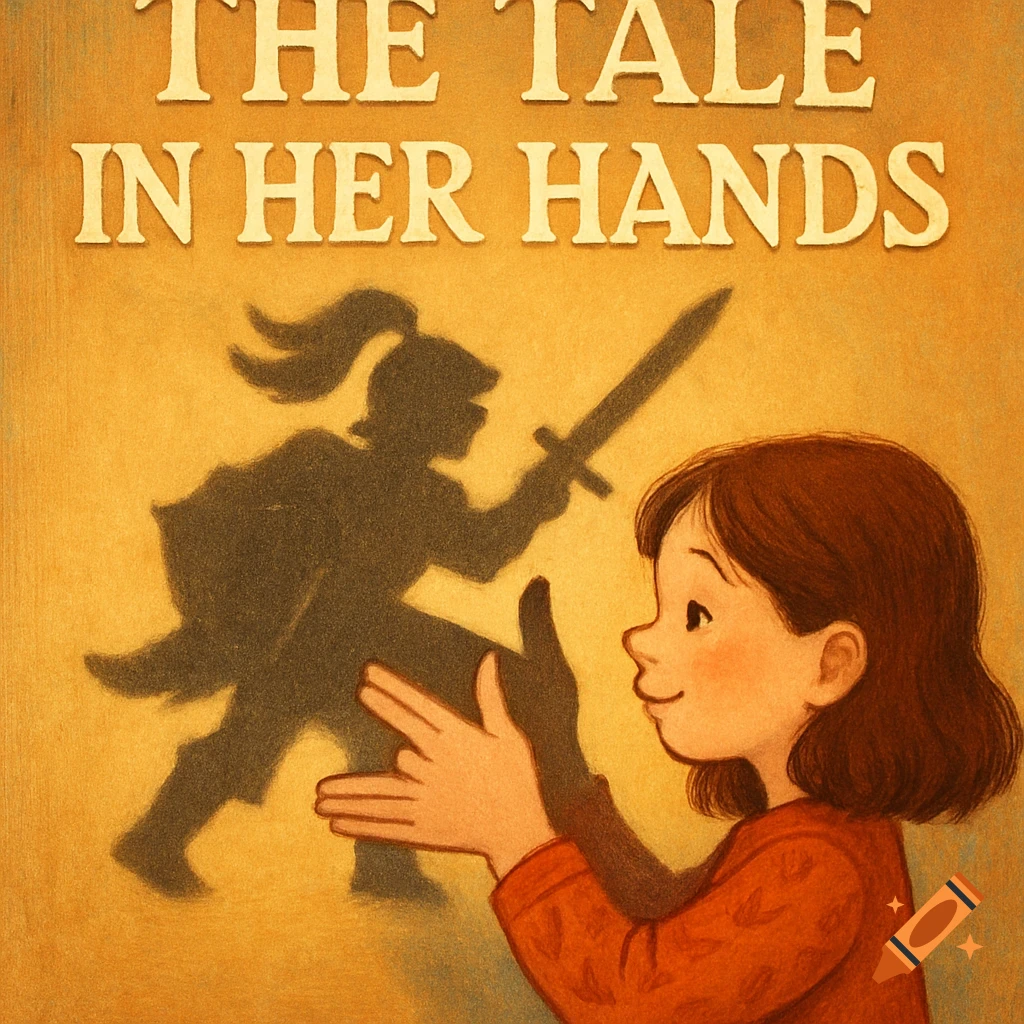 Illustration of a girl making a shadow puppet of a knight on a wall with the title 'THE TALE IN HER HANDS'.