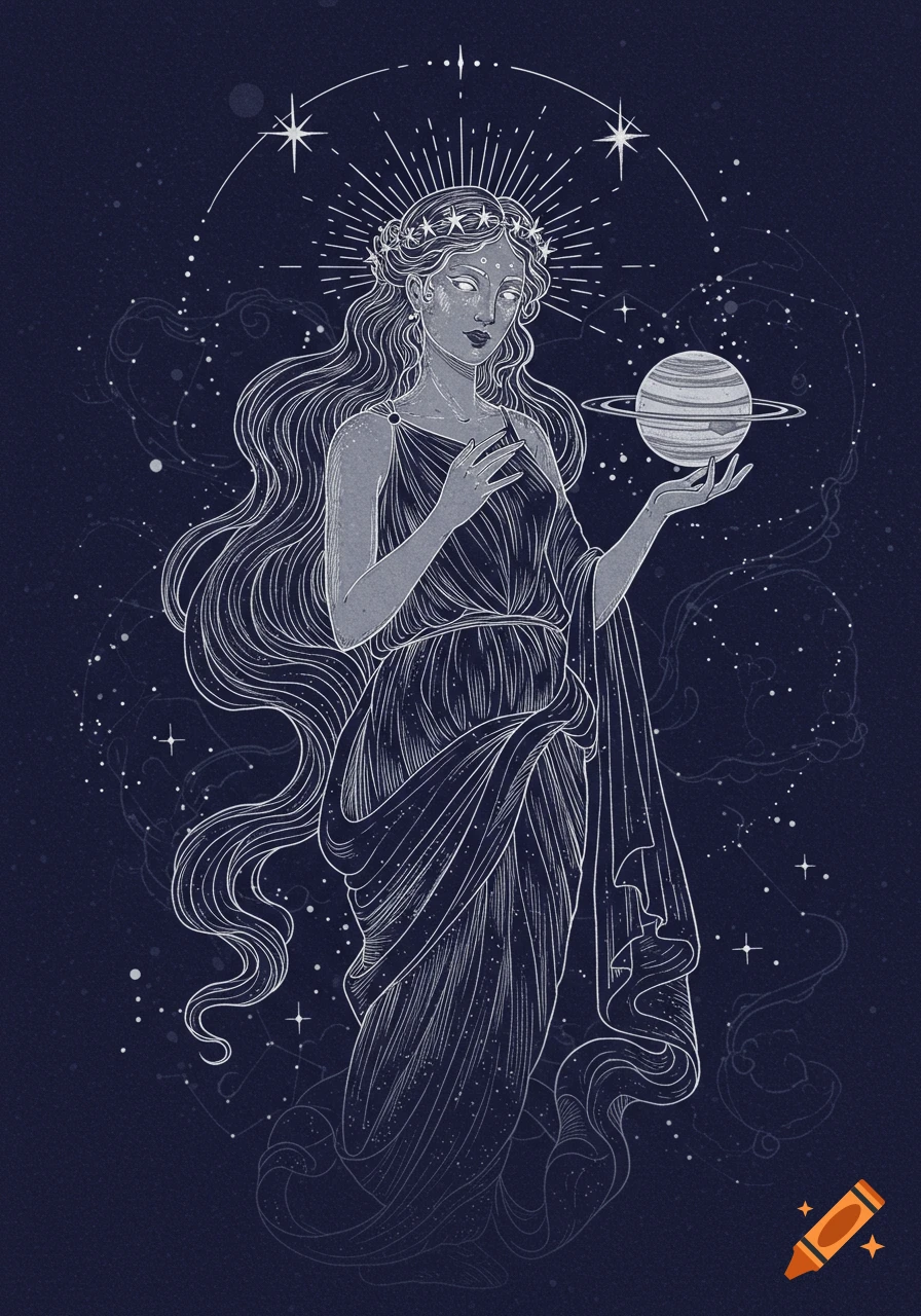 Stylized illustration of a goddess holding Saturn in a starry space.