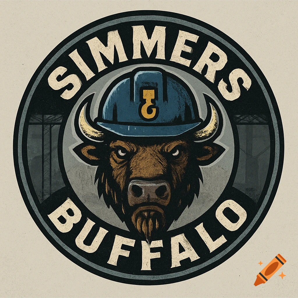 A logo features a buffalo head wearing a blue hard hat with a crane hook icon. The words "SIMMERS" and "BUFFALO" arc around the animal.