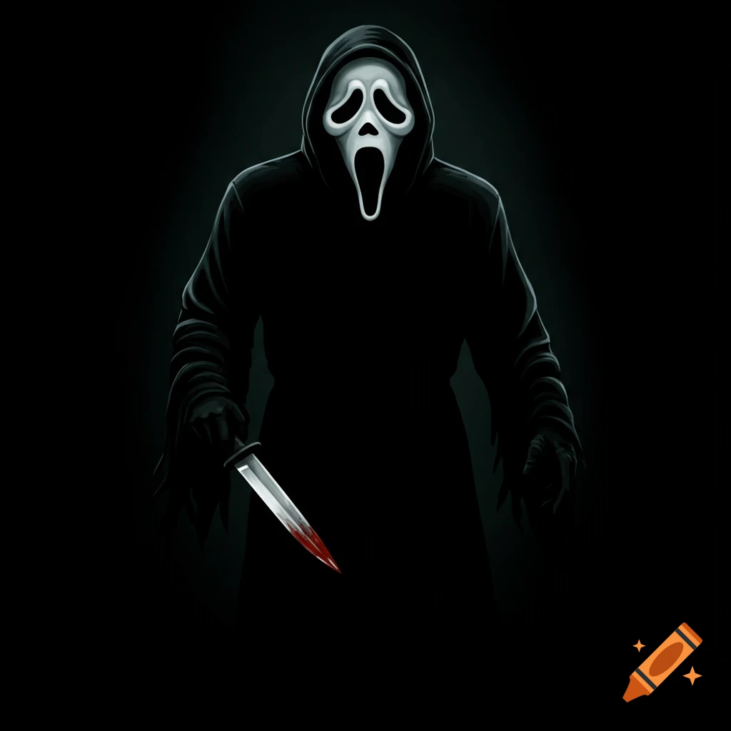 Illustration of the Ghostface character from Scream holding a bloody knife.