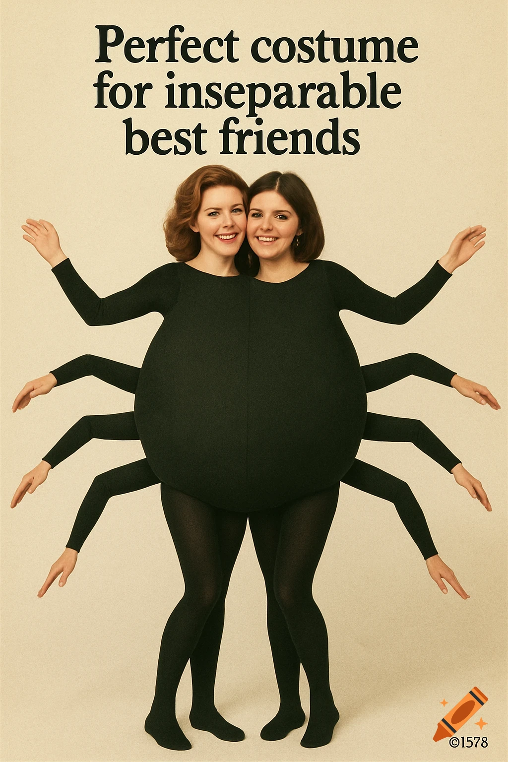 Vintage style poster of two women in a two-person black spider costume with text.