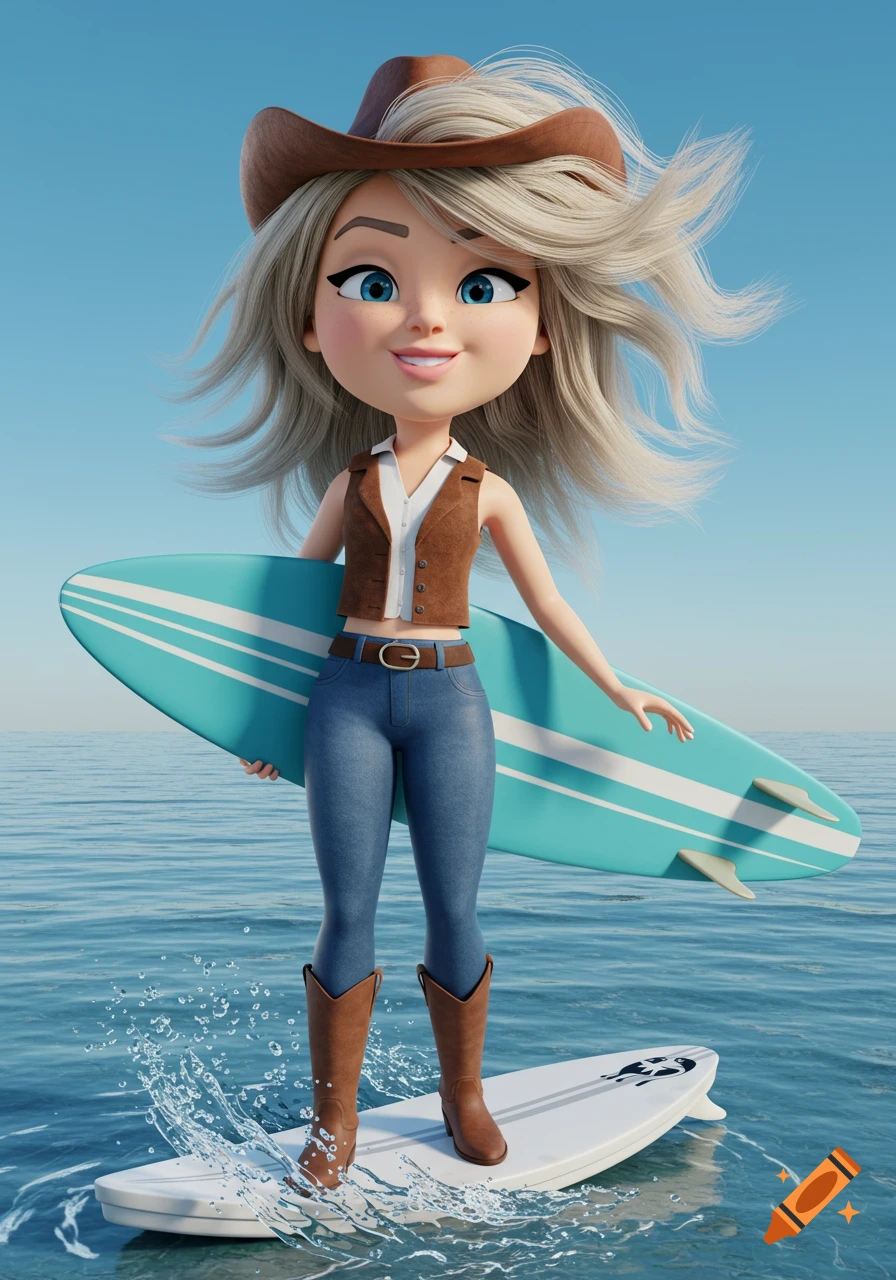 3D cartoon female character with a cowboy hat and boots surfing while holding another surfboard.