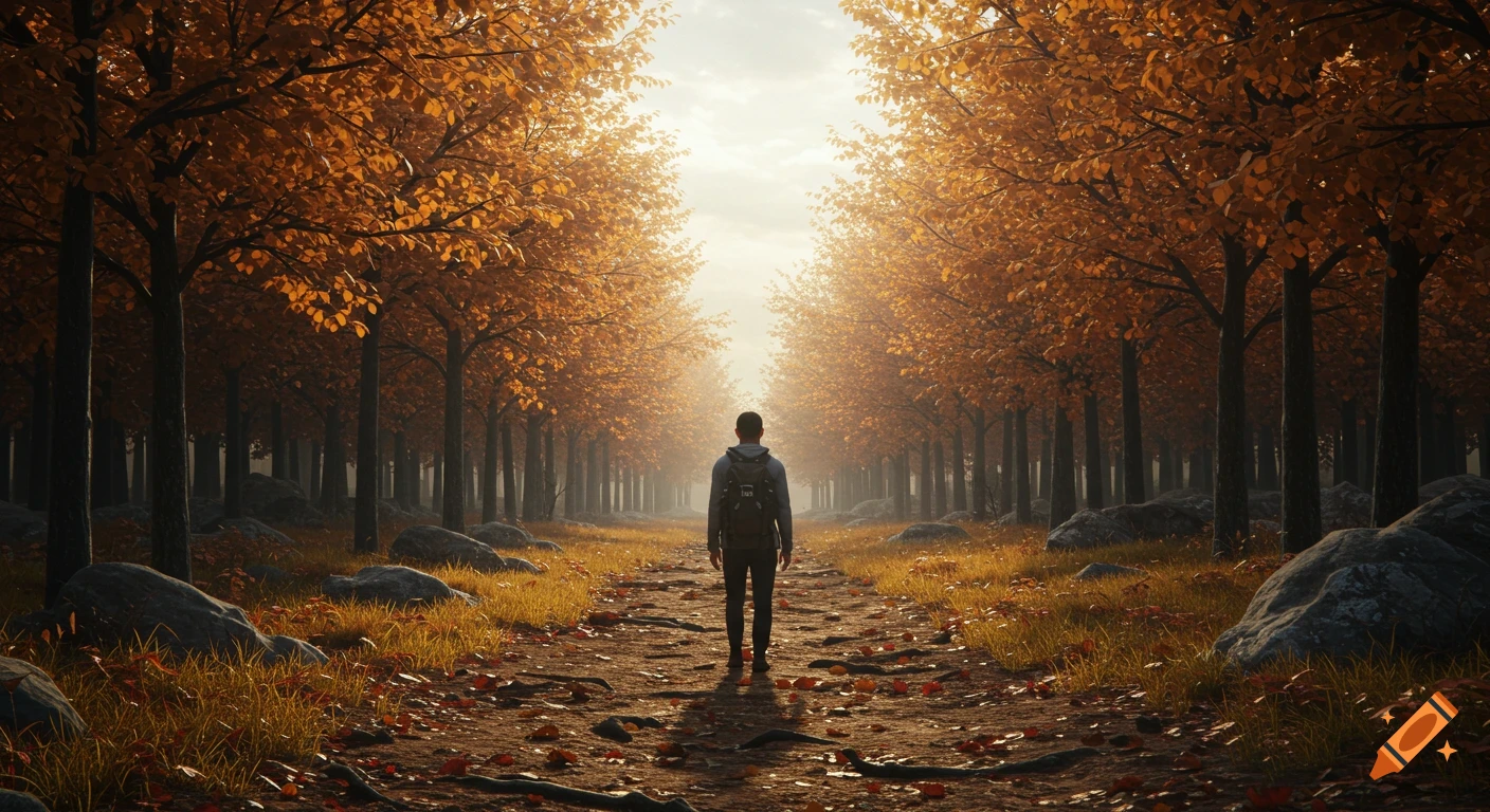 Person walking on a forest path lined with autumn trees under a bright sky.