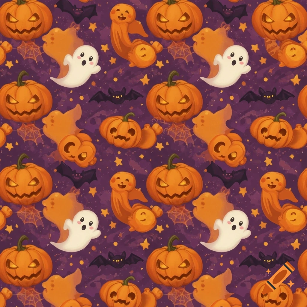 Seamless pattern of Halloween characters including jack-o'-lanterns, ghosts, and bats on a purple background.