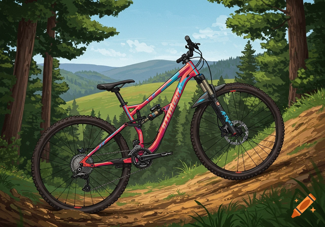 Illustration of a red and blue mountain bike on a forest trail.