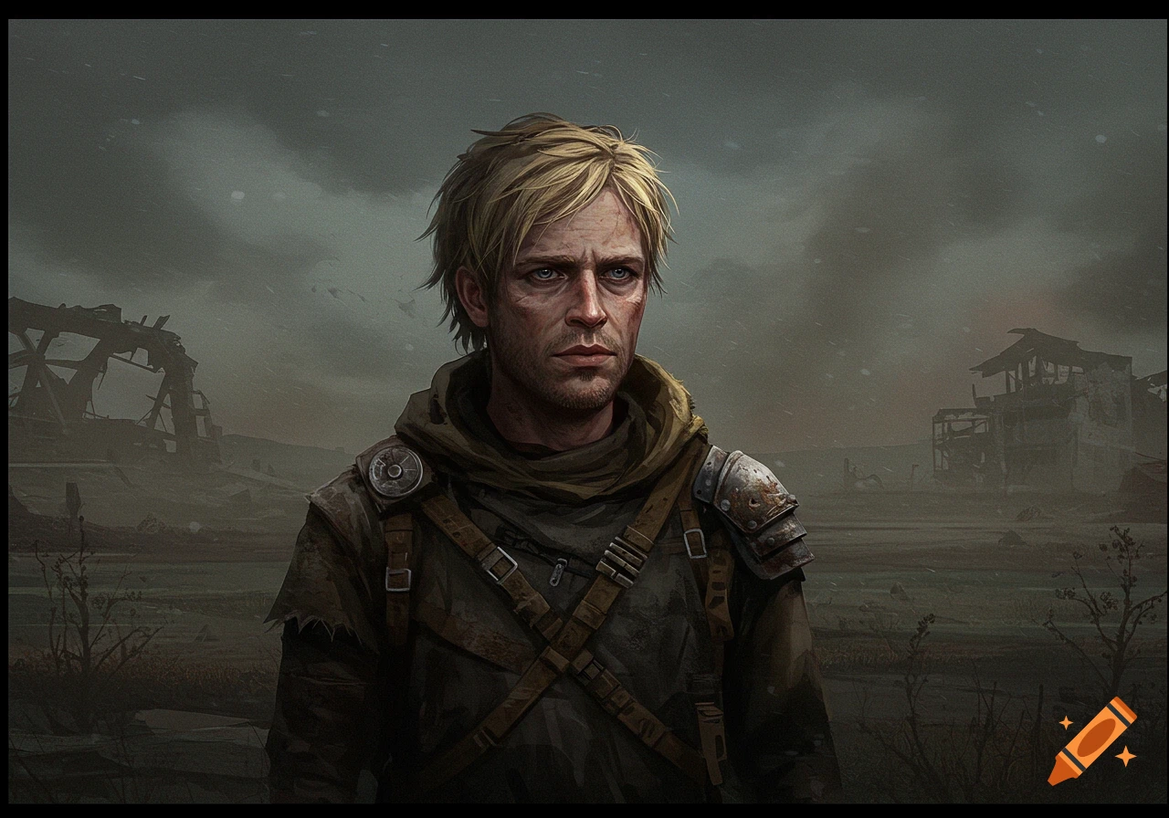 A man with dirty blonde hair and blue eyes stands in a desolate, post-apocalyptic landscape. Digital art style.