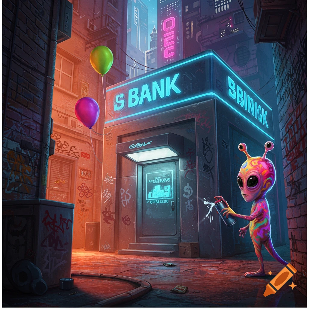 A colorful alien sprays graffiti on a futuristic bank building in a cyberpunk alley with neon signs and balloons.