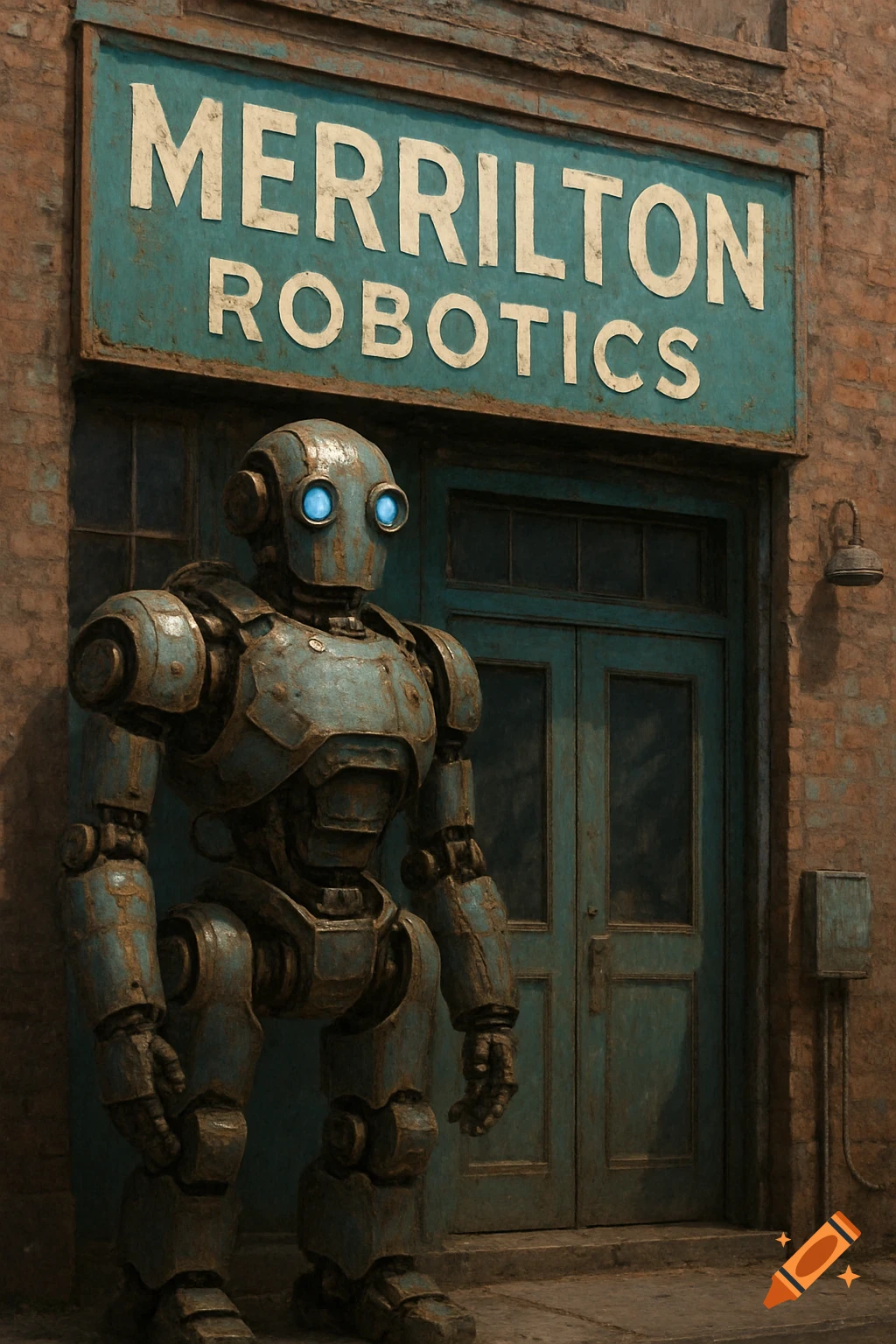 A rusty metal robot stands in front of a sign that reads 'Merrilton Robotics' on an old building.
