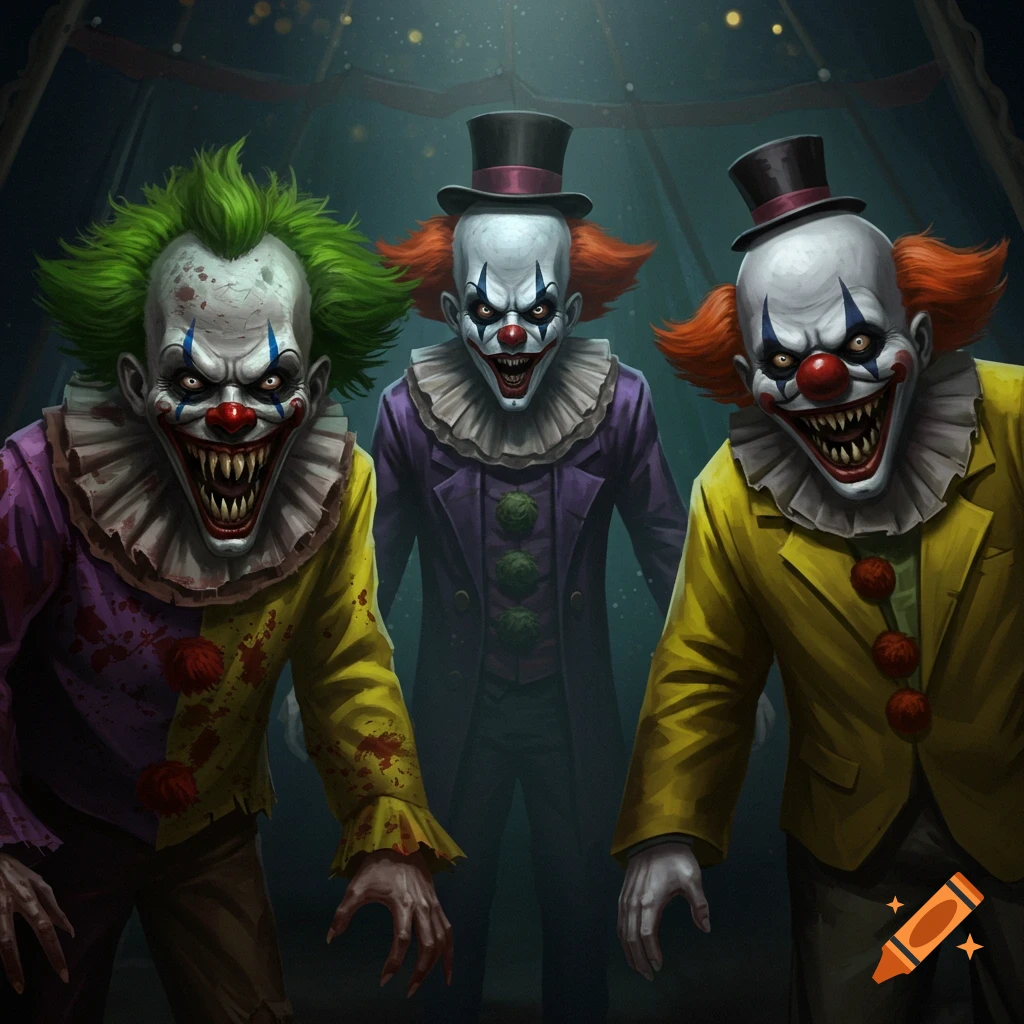 Three scary clowns with sharp teeth in a dark circus tent